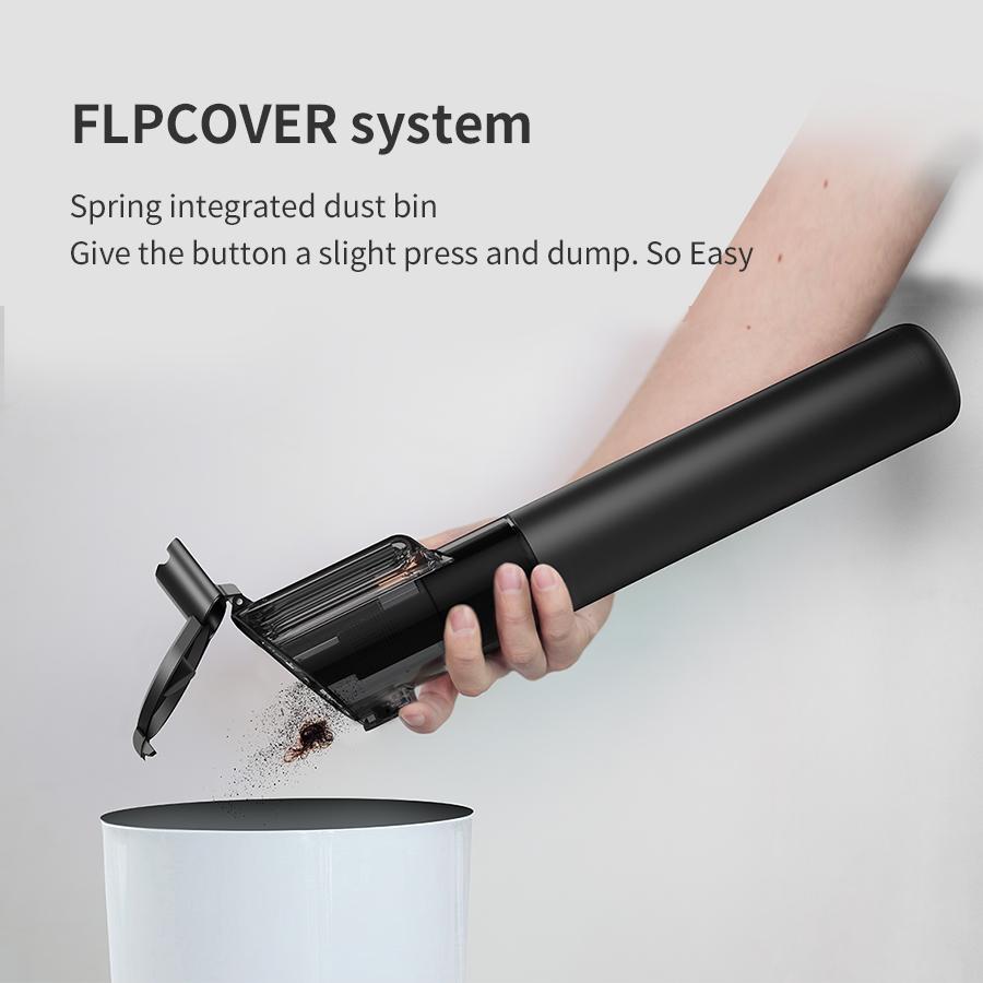 flp cover system, spring integrate dust bin,give the button a slight press and dump.