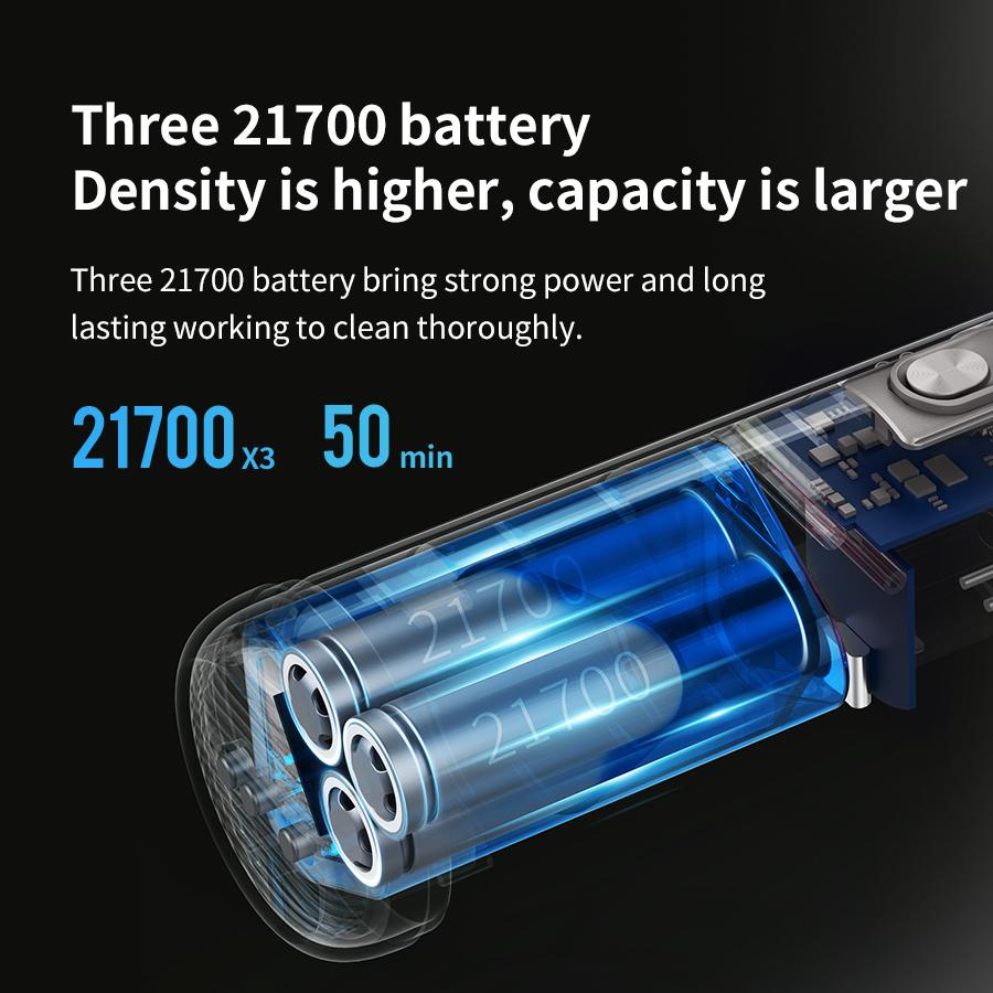 Three 21700 battery density is hight, capacity is larger, bring strong power and long lasting working to clean thoroughly.