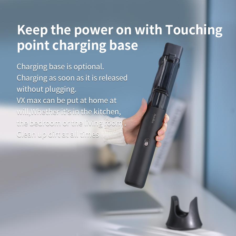 Keep the power on with touching point charging base, charging base is optional charging as soon as it is released without plugging. 